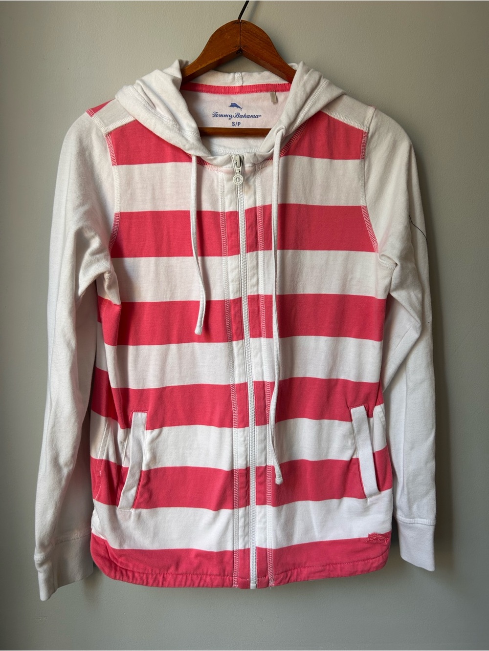 Tommy Bahama Pink White Striped Zip Up Hoodie Small Resort Beach Coastal